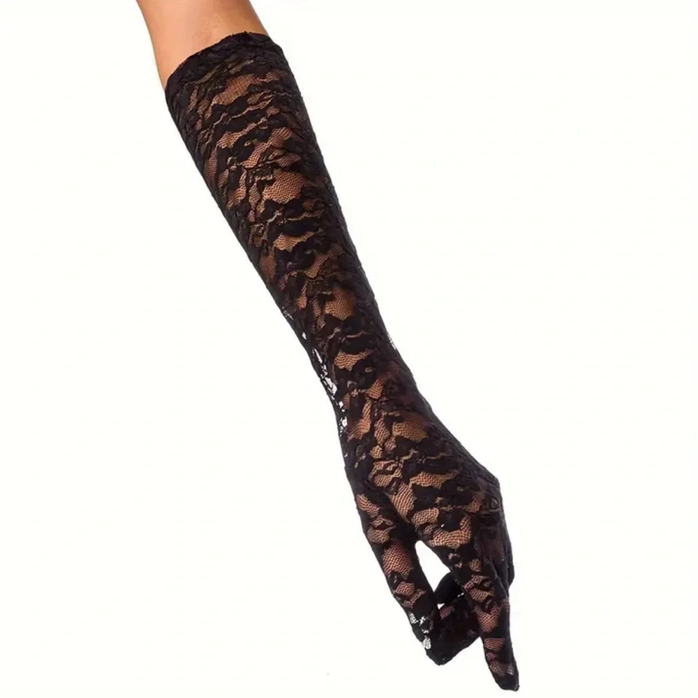 Black Lace Elbow Gloves Floral NEW